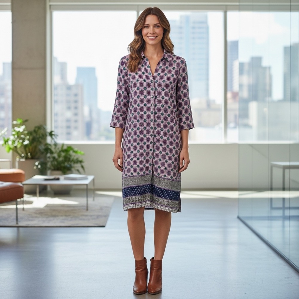 Chico's Geometric Tile Print Shift Dress 3/4 Sleeve Eclectic Artsy Size 1 M 8/10